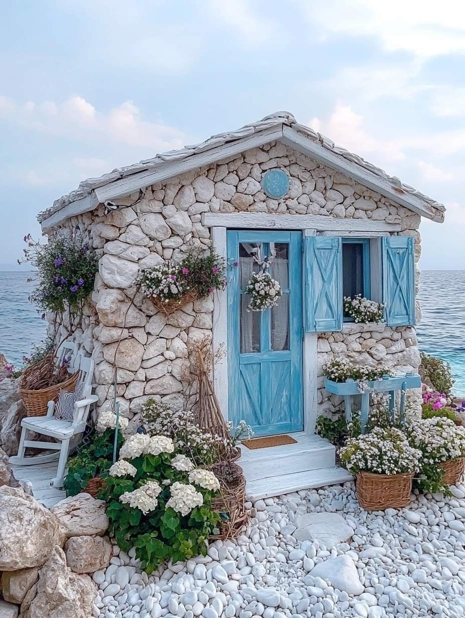 White stone cottage with blue shutters, flowers, and a seaside setting