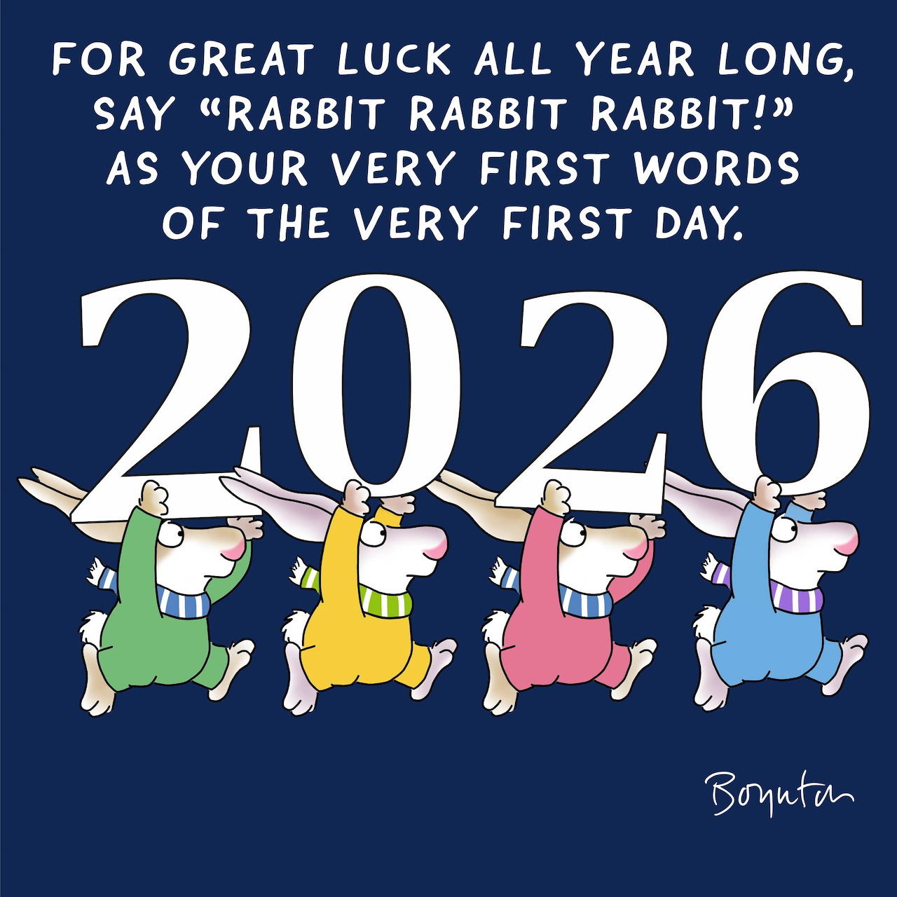 Cartoon rabbits in colorful clothes holding the numbers 2026 under a New Year message