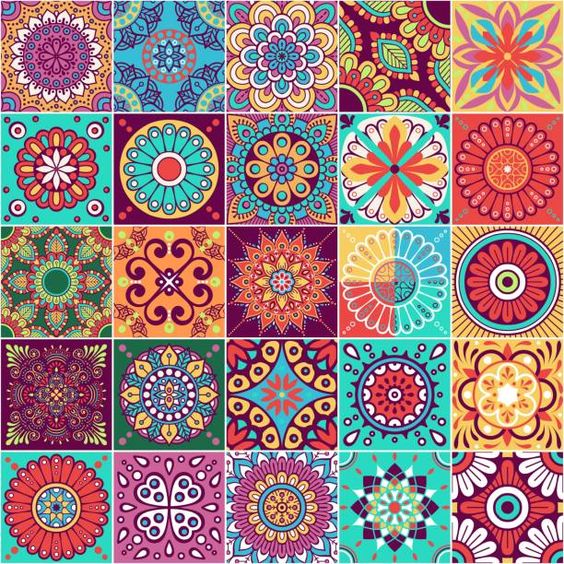 Grid of 25 colorful decorative tiles with mandala and floral patterns in vibrant pink, turquoise, and orange tones