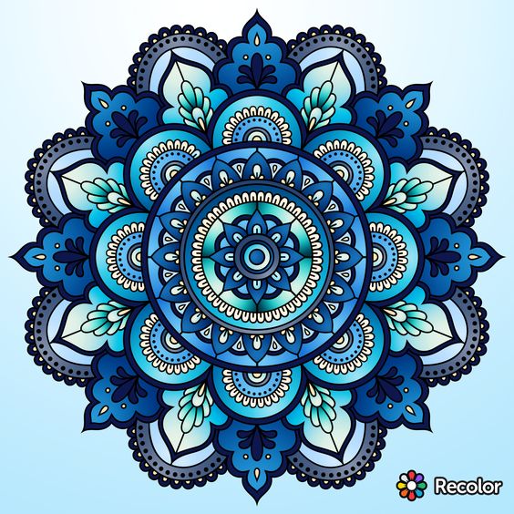 Symmetrical blue mandala with layered petals and ornate geometric patterns on light blue background