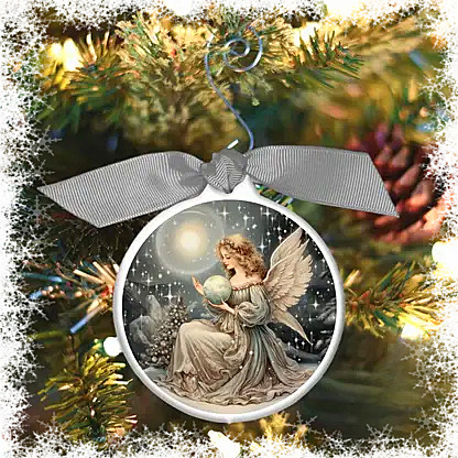 Round Christmas ornament with angel holding glowing orb, tied with silver ribbon on a decorated tree