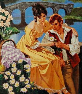 Vintage-style painting of a romantic couple with daisies beside a stone bridge