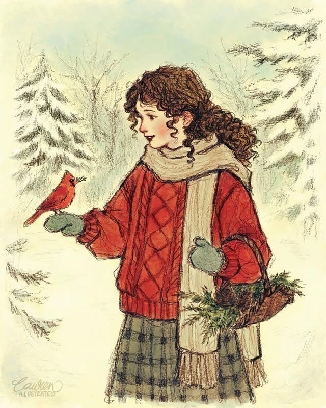 Young woman in red coat gently holding a cardinal bird in snowy forest with evergreens