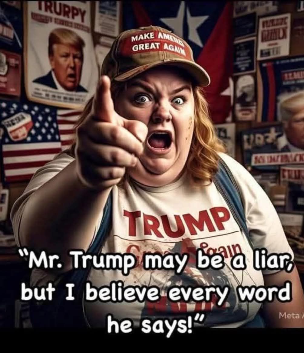 Person in Trump hat and shirt pointing at camera with exaggerated expression, satirical political meme with text overlay