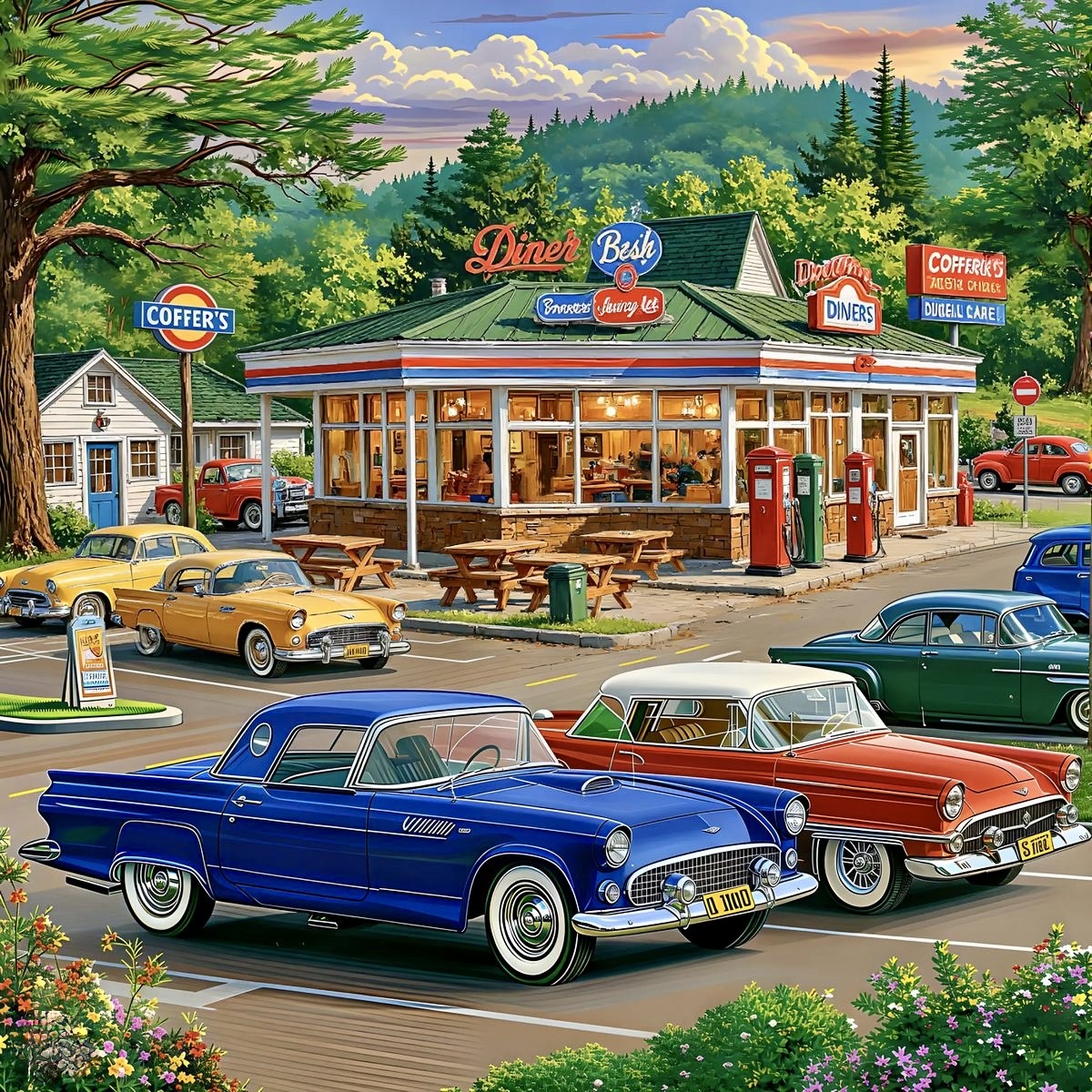Illustrated 1950s roadside diner with vintage cars in parking lot and mountain backdrop