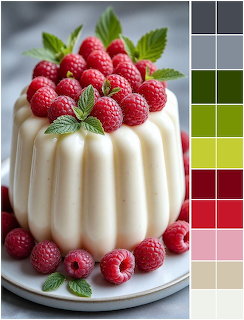 White fluted cake garnished with raspberries and mint on plate with color swatches