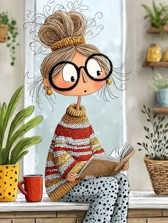 Cartoon girl with oversized glasses reading book surrounded by houseplants