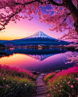 Mount Fuji reflected in a lake at sunset surrounded by pink cherry blossom trees and a wooden pathway