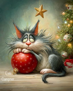 Fluffy cartoon cat with wide eyes holding red Christmas ornament beside decorated tree with golden star topper