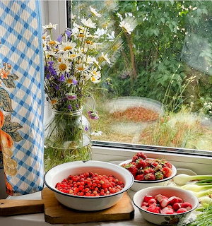 Bowls of berries and radishes on a kitchen windowsill beside wildflowers and a garden view