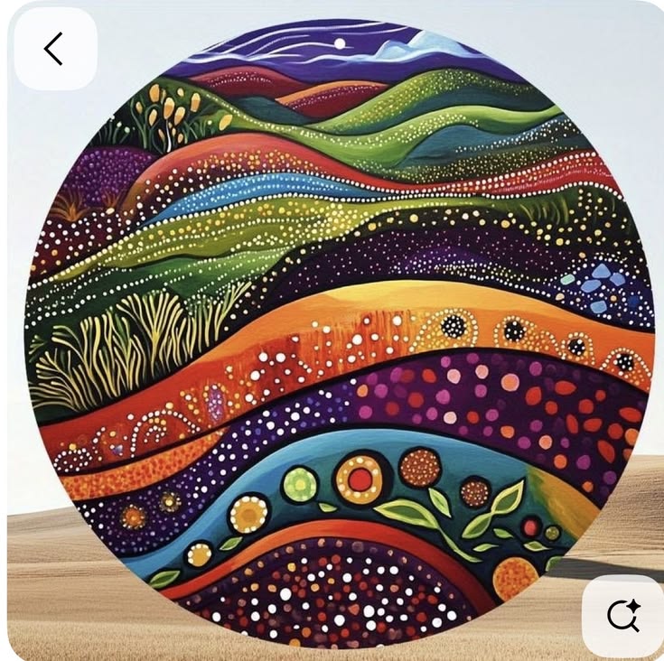 Round colorful abstract artwork with flowing bands, dots, and stylized plant patterns