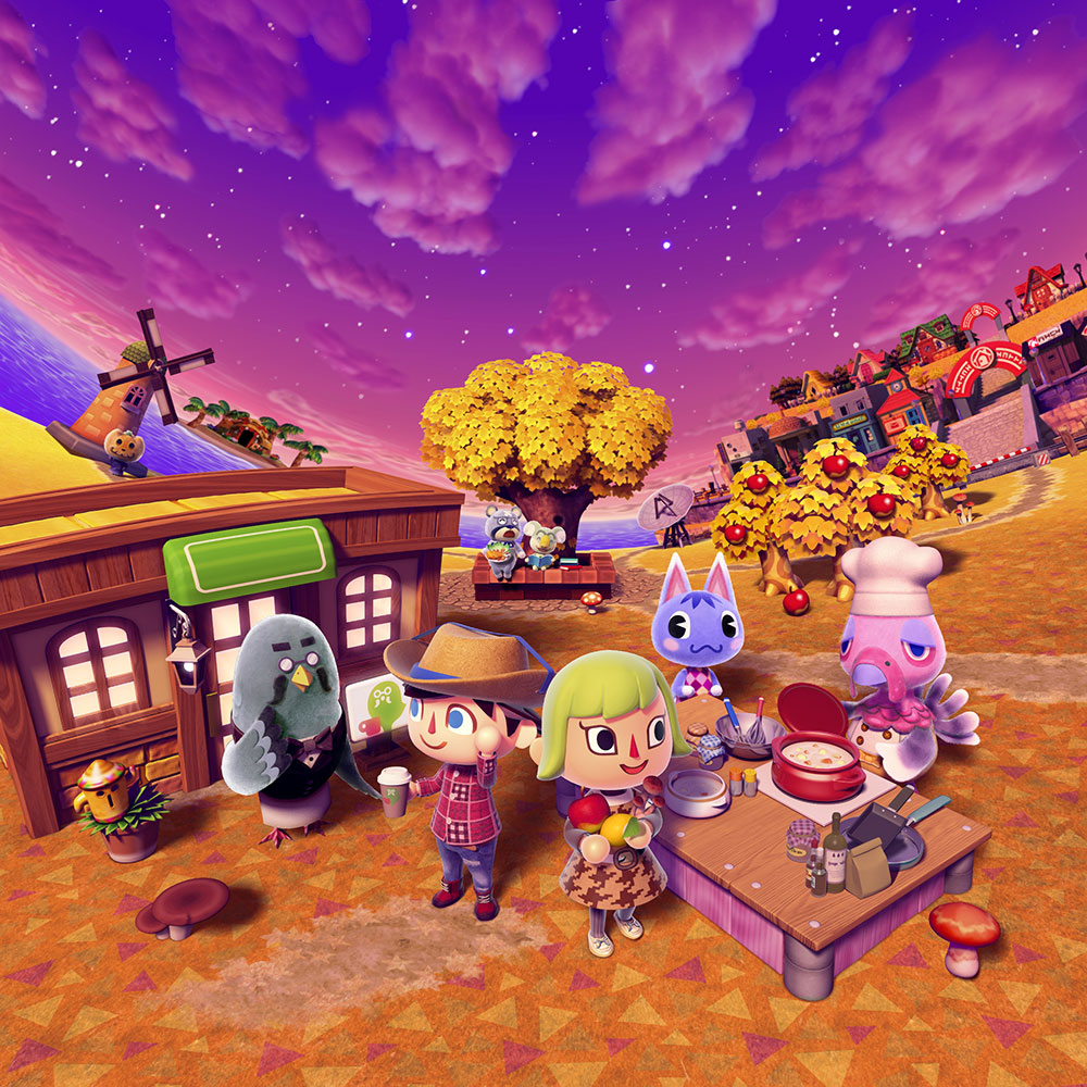 Cartoon animal villagers having an autumn dinner outdoors under a golden tree at dusk