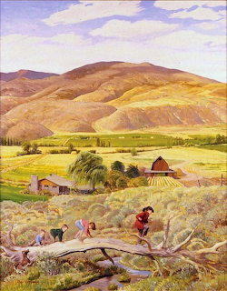Vintage painting of children crossing a fallen tree in a rural valley with barns and golden hills