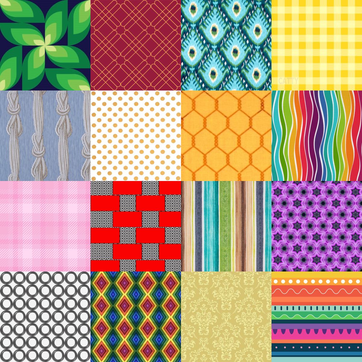 Grid of 20 colorful patchwork pattern squares with varied geometric designs, polka dots, stripes and textures