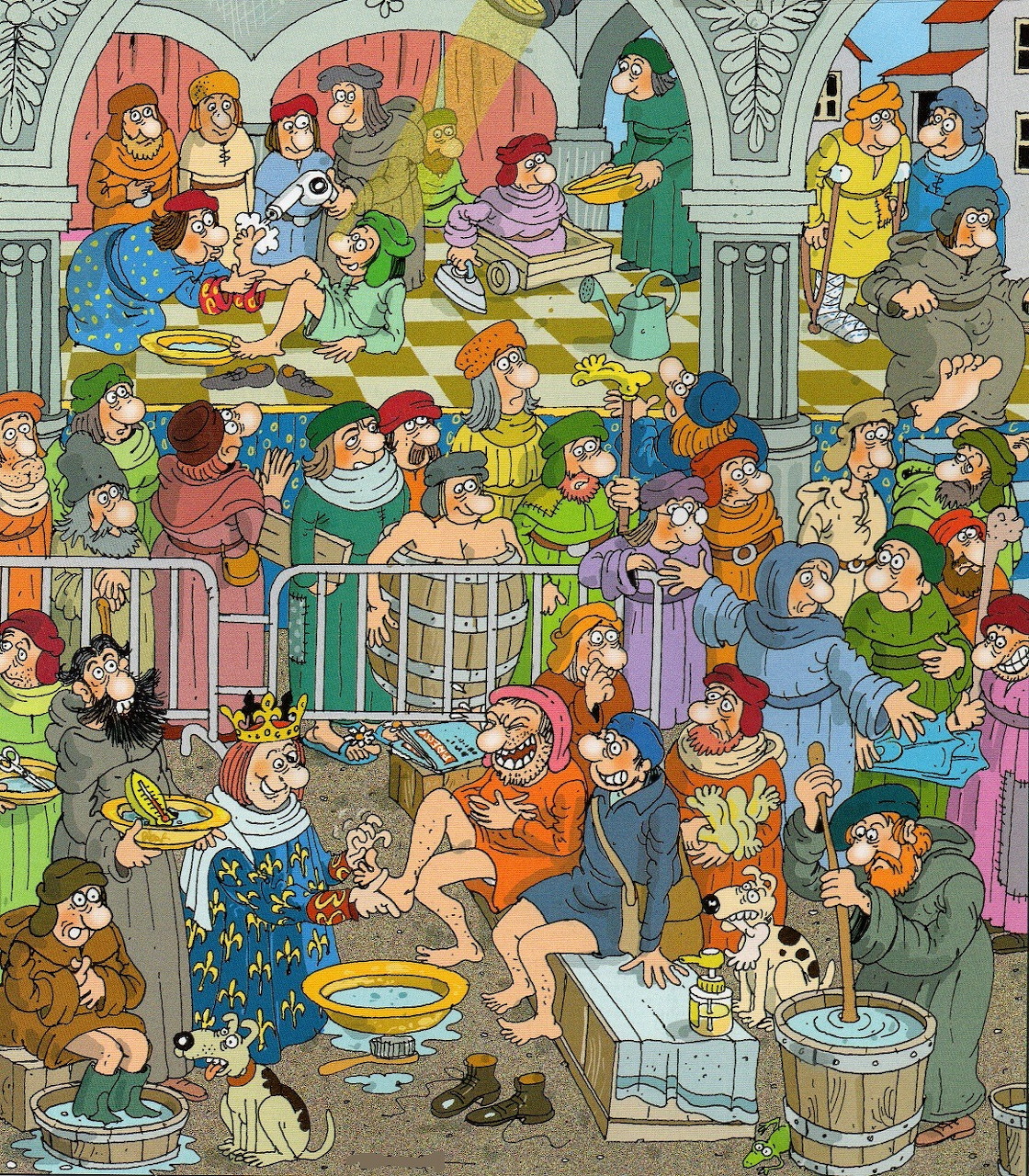 Busy cartoon scene of people bathing feet in basins with a king figure at center