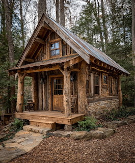 Small rustic log cabin with steep roof and front porch in forest clearing