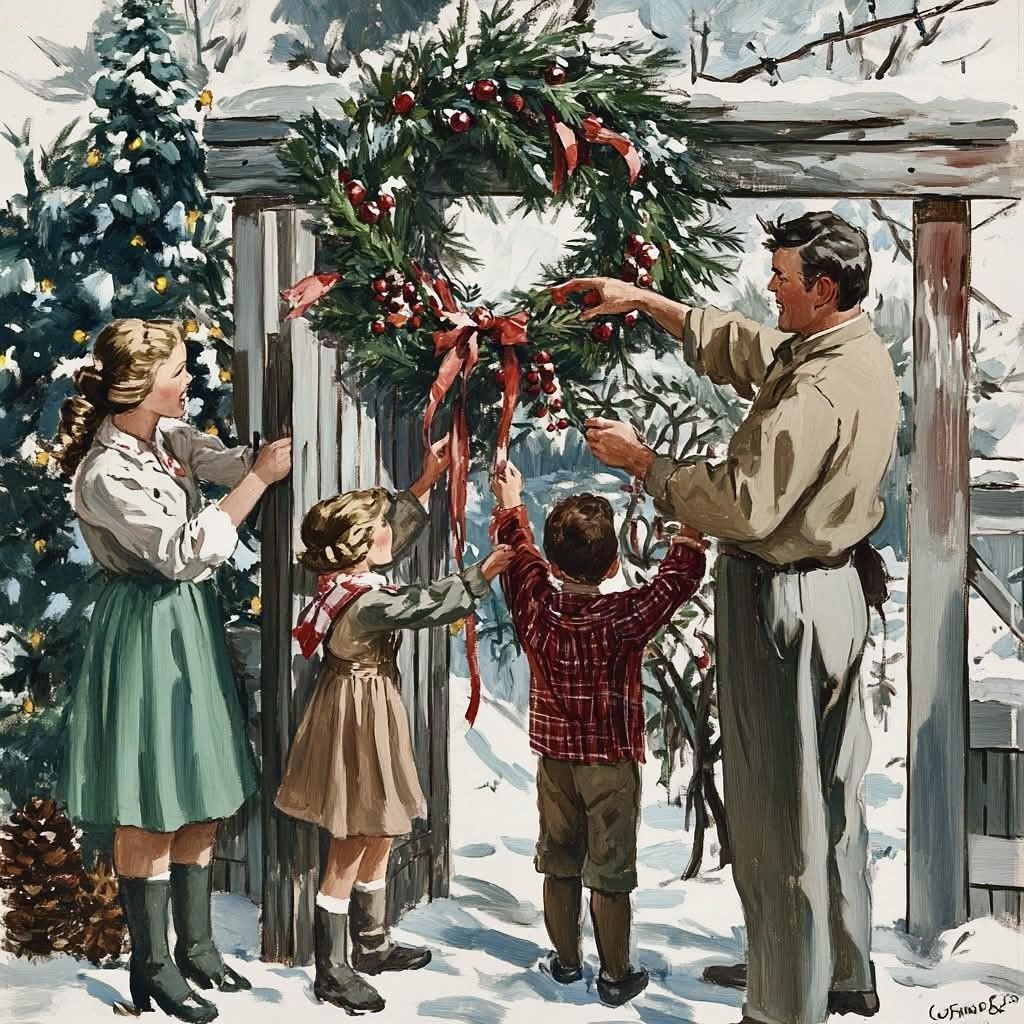 Vintage painting of a family hanging a Christmas wreath on a snowy gate outdoors