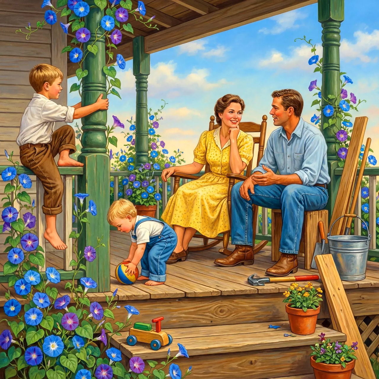 Family with three children on wooden porch surrounded by blue flowers
