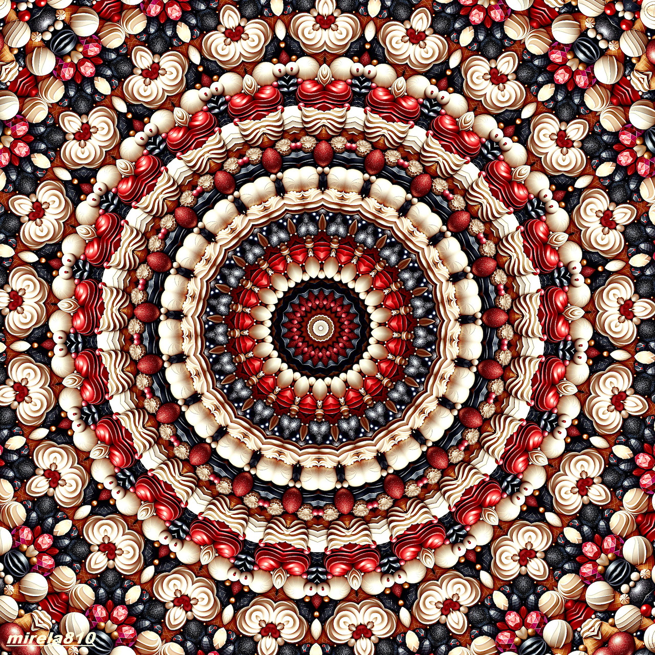 Symmetrical mandala with red, cream, and black geometric patterns in concentric circles