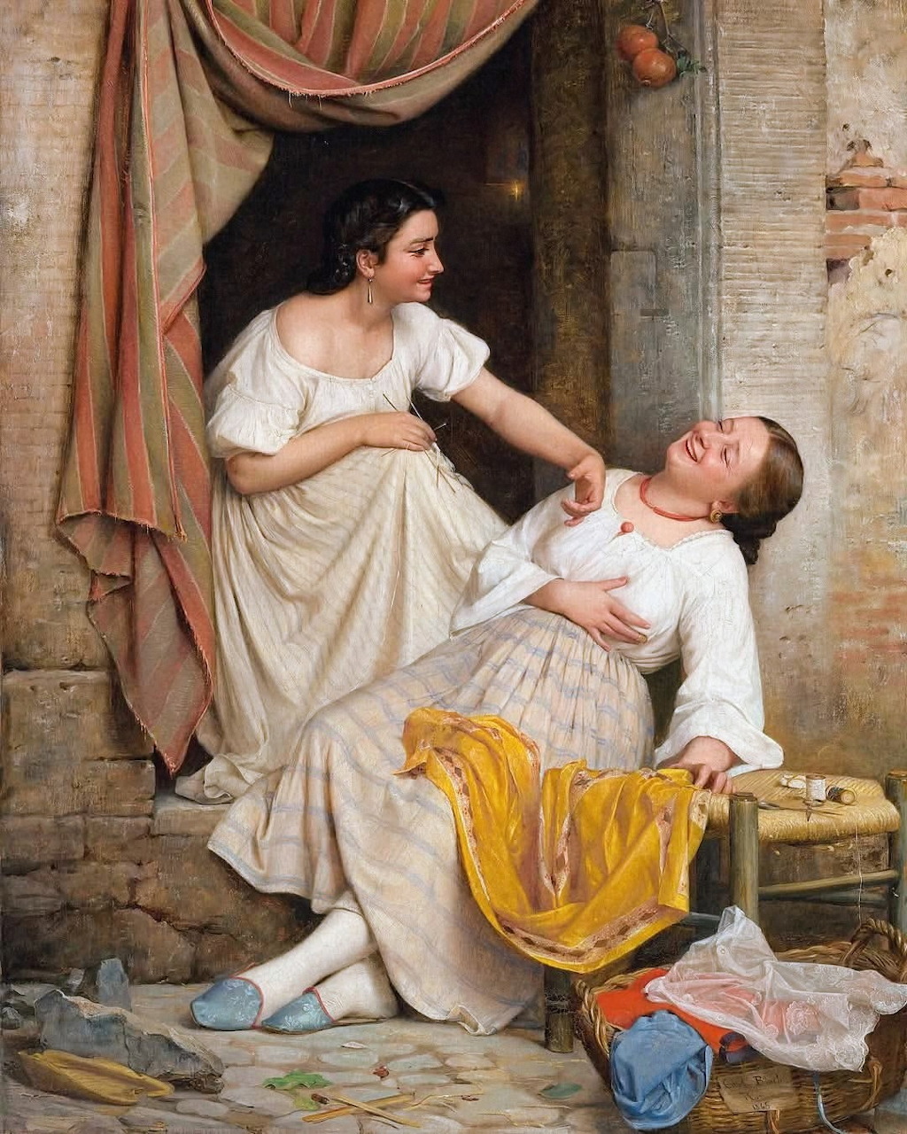 Two women in white dresses laughing together in a classical painting by Carl Heinrich Bloch from 1865