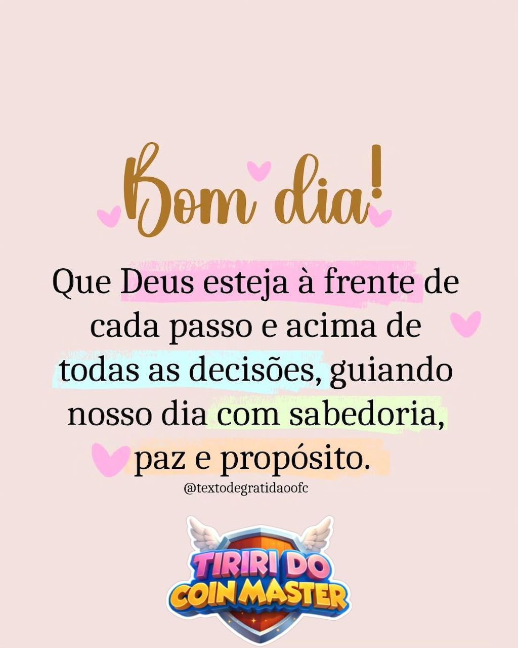 Portuguese good morning quote with golden text, pink hearts, and colorful graphic logo on soft pink background