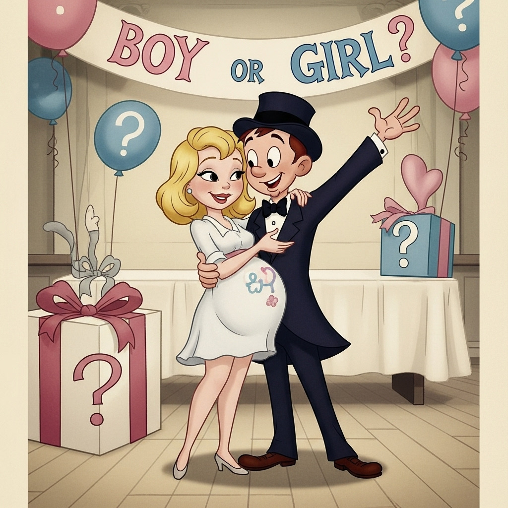 Cartoon couple at a gender reveal party with balloons, question marks, and a gift box