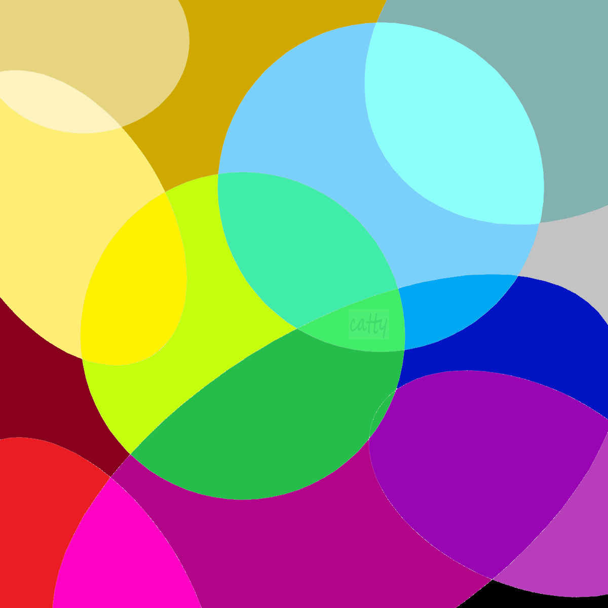 Abstract art with overlapping translucent circles in rainbow colors including red, yellow, green, blue, and purple