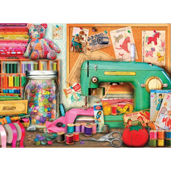 Teal sewing machine with colorful craft supplies, buttons, thread, and handmade items on wooden table