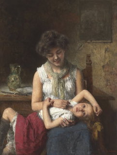Painting of a seated woman holding a young girl indoors