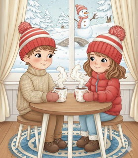 Cartoon boy and girl drinking hot cocoa at a table by a snowy window with a snowman outside.