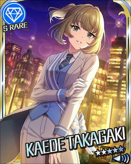 Anime illustration of Kaede Takagaki in a grey suit with a blue tie against a city night backdrop