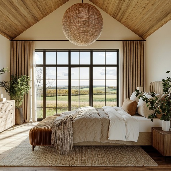 Modern bedroom with wood ceiling, large windows, neutral bedding, and wicker pendant light