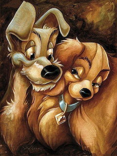Two cartoon dogs affectionately nuzzling, one with long ears and one with a collar, painted in warm golden brown tones