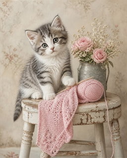 Gray tabby kitten on a rustic stool with pink roses and pink yarn