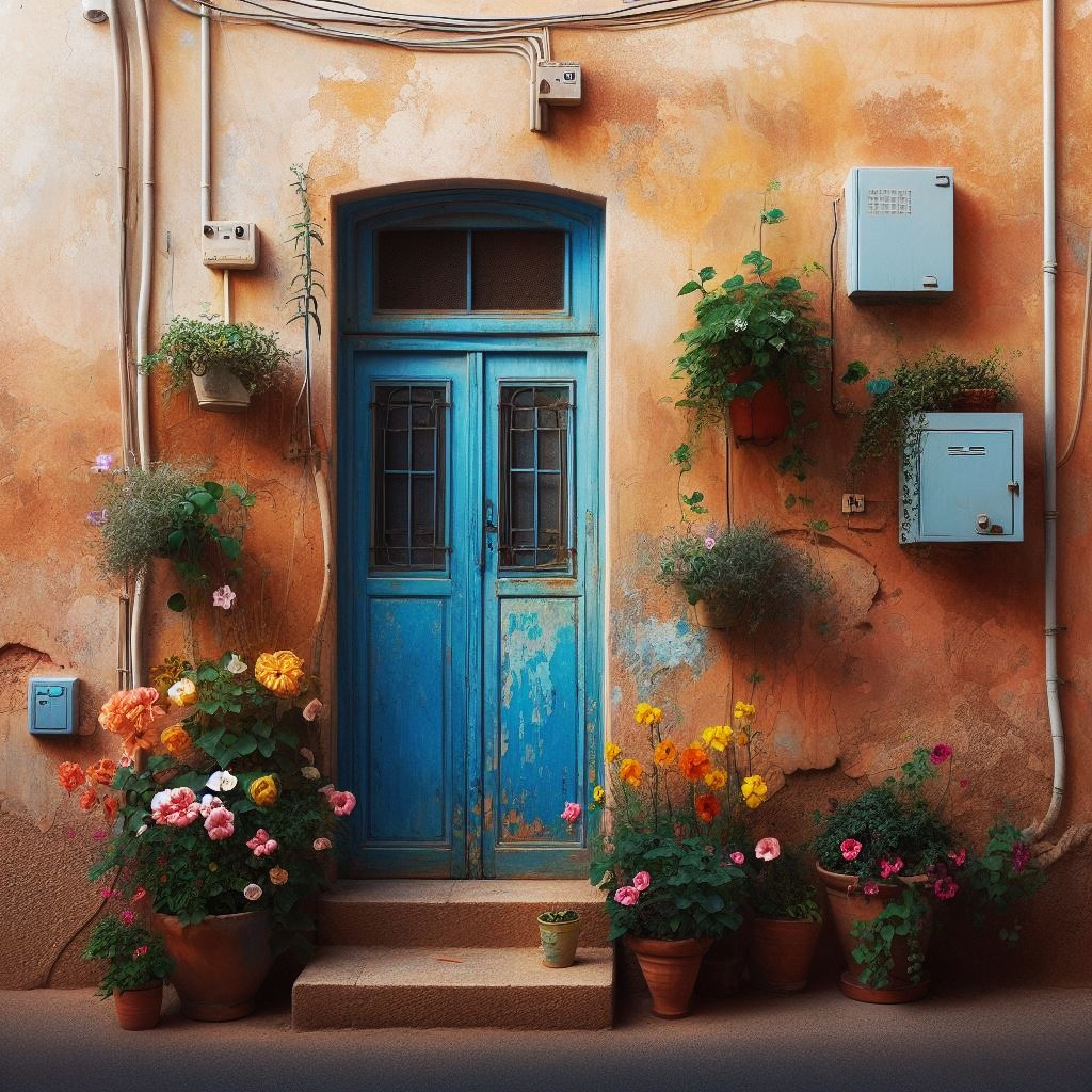 Blue wooden door on orange wall with flower pots and plants
