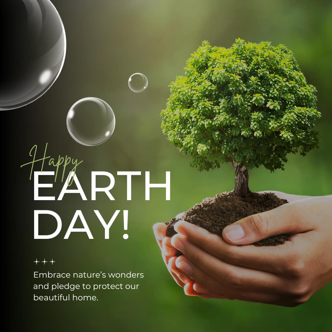 Hands holding soil with a green tree and Happy Earth Day text on a green background