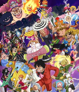 Colorful anime group illustration of One Piece characters from Whole Cake Island arc with cake and candy themes