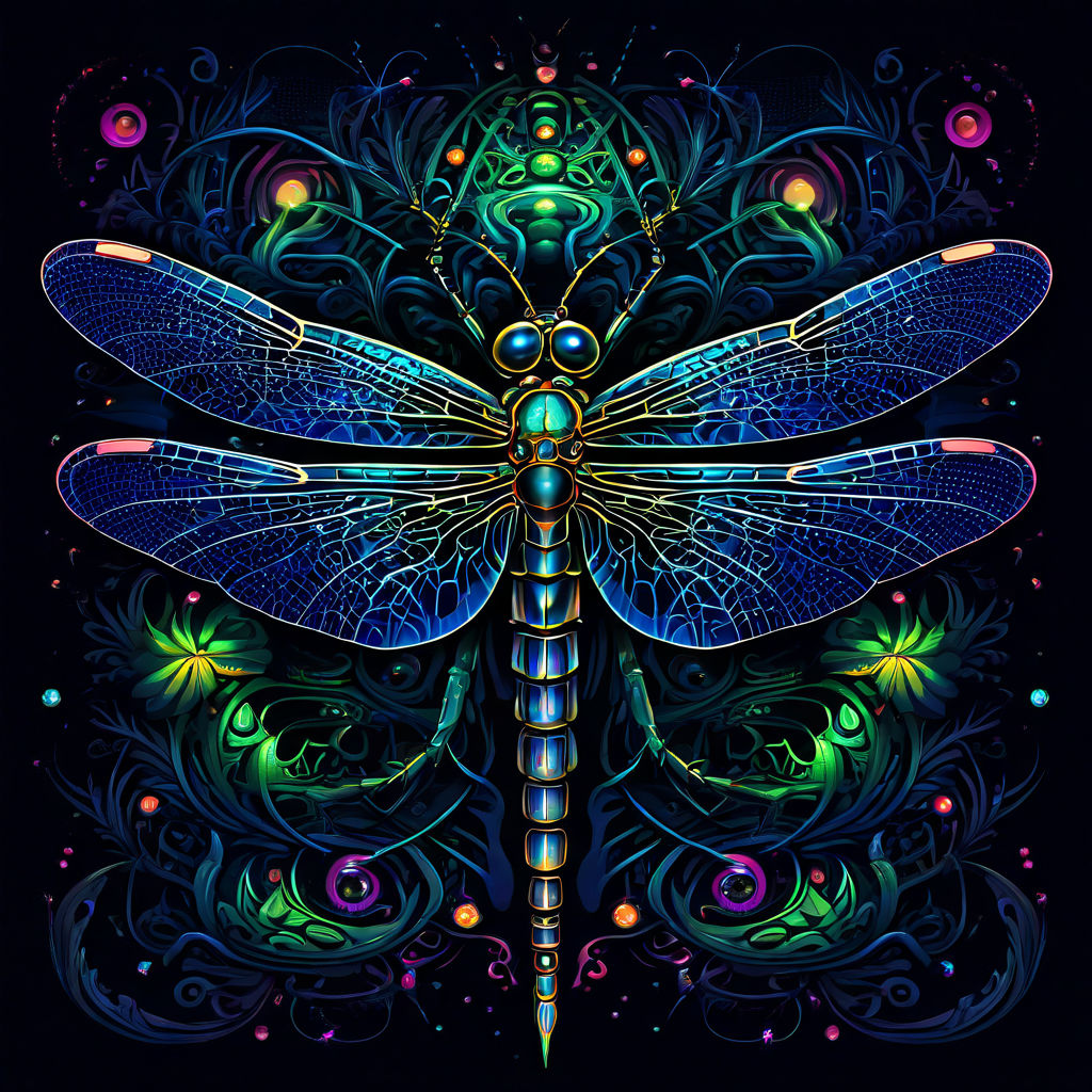 Glowing dragonfly illustration with detailed blue wings on a dark ornamental background