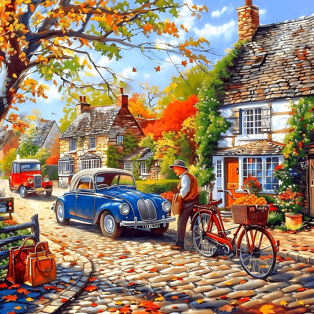Autumn village scene with vintage car, bicycle, stone cottages and falling leaves
