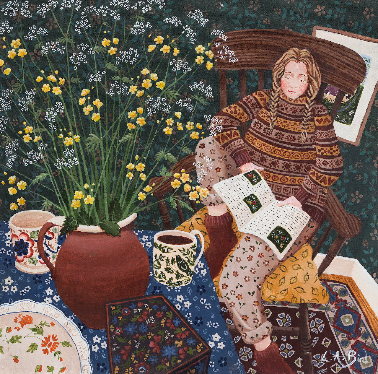 Woman reading book in colorful garden with yellow flowers and decorative patterns