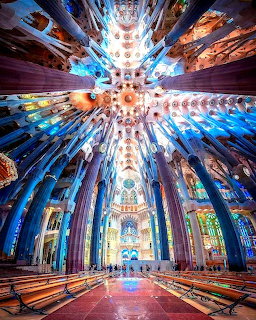 Upward fisheye view of Sagrada Familia cathedral interior showing ornate ceiling, stained glass windows, and columns