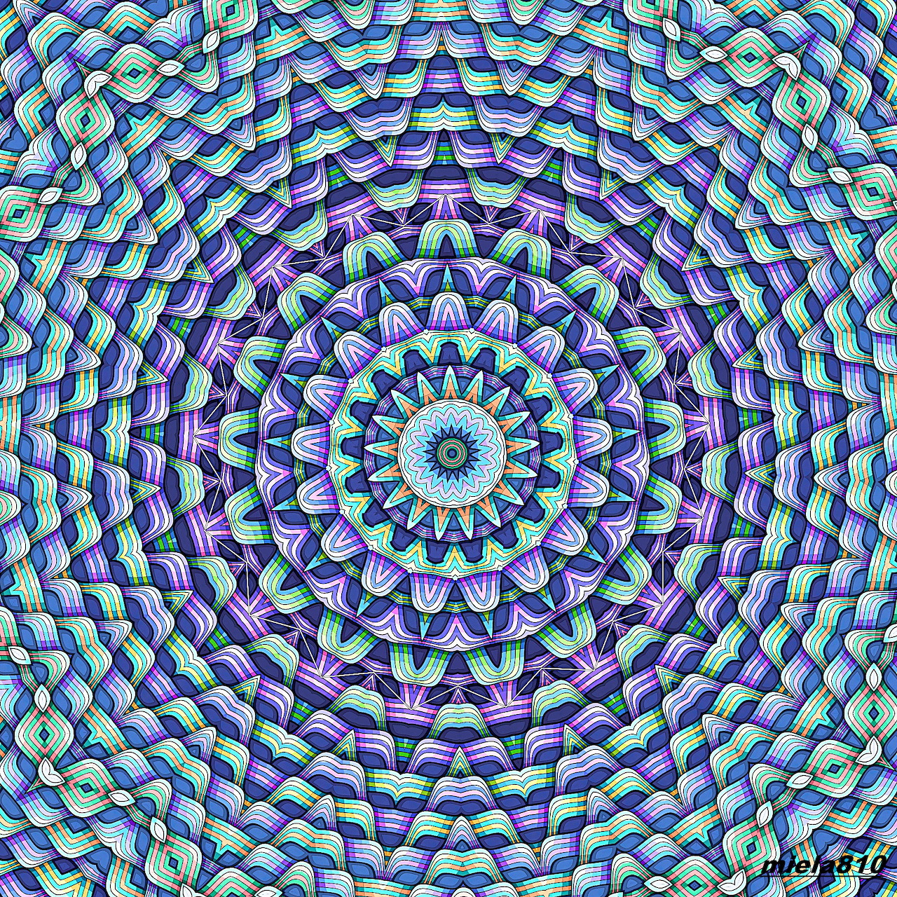 Symmetrical mandala with blue, purple and green geometric patterns in concentric circles