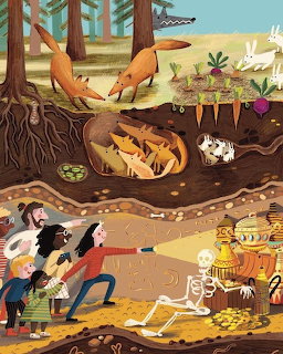 Illustrated cross-section showing forest floor with fox den, rabbits, and archaeologists discovering buried treasure underground