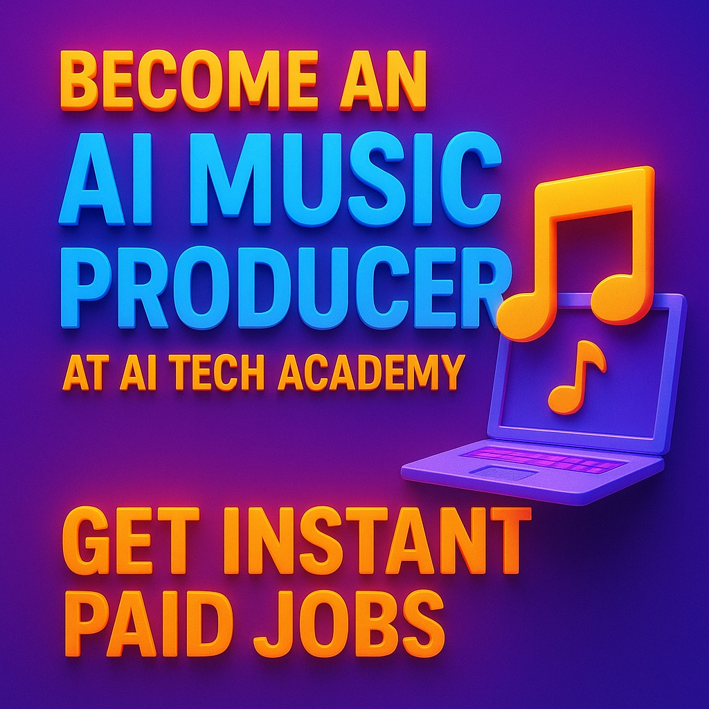Colorful ad graphic with AI music producer text, a laptop, and orange music notes