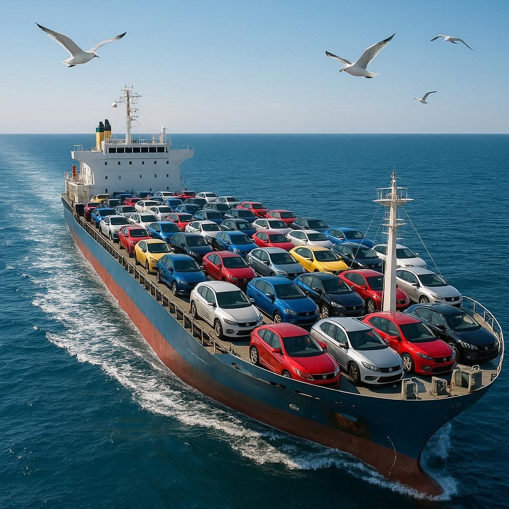 Cargo ship loaded with cars sailing on the ocean with seagulls overhead