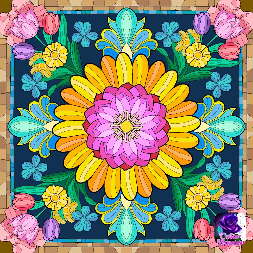 Colorful symmetrical floral mandala with pink center, yellow petals, turquoise accents, and tulip corner decorations