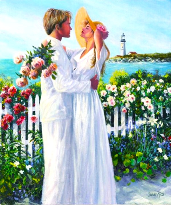 Painting of a couple in white embracing beside flowers, a picket fence, water, and a lighthouse