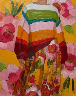 Abstract figurative painting with striped torso and pink flowers on yellow background