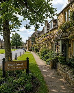 Stone cottages with climbing plants along a tree-lined street in Broadway village, Cotswolds