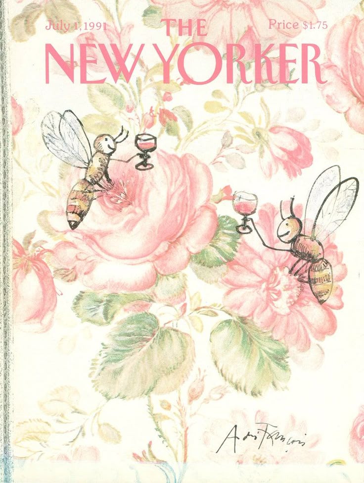 The New Yorker magazine cover with whimsical bees flying around soft pink watercolor roses